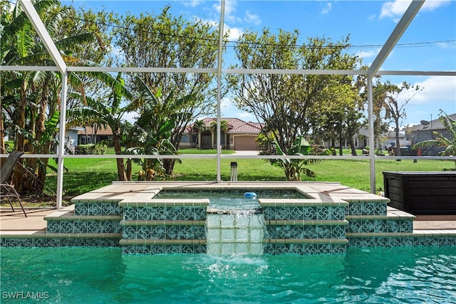 view of swimming pool featuring a lanai and a lawn