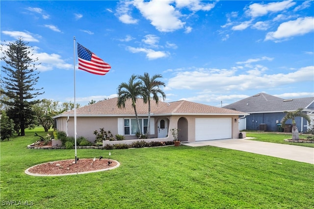 ranch-style home with a front yard and a garage