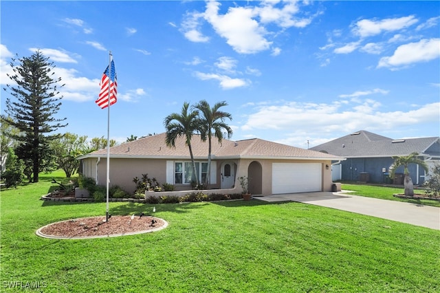 ranch-style house featuring a front yard and a garage