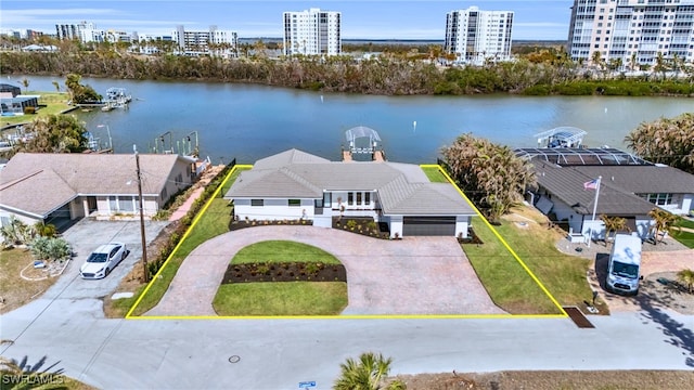 aerial view featuring a water view