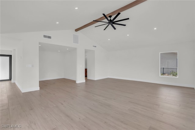 unfurnished living room with light hardwood / wood-style floors, ceiling fan, beam ceiling, and high vaulted ceiling