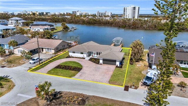 aerial view featuring a water view