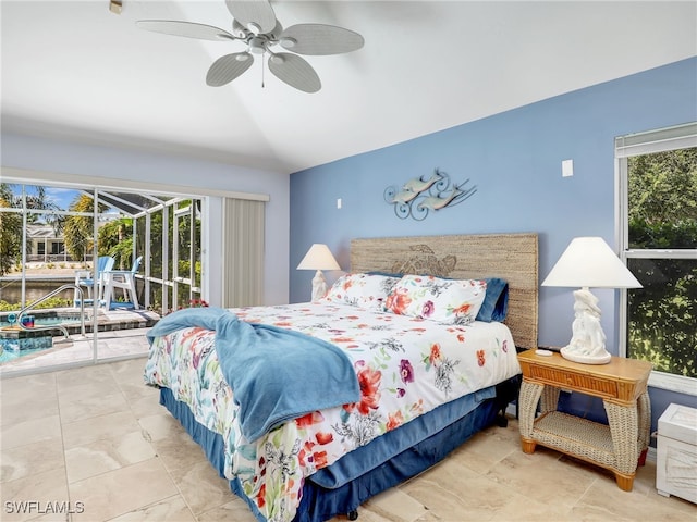 bedroom featuring multiple windows, ceiling fan, and access to outside