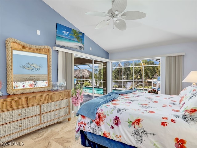 bedroom with access to outside, vaulted ceiling, multiple windows, and ceiling fan