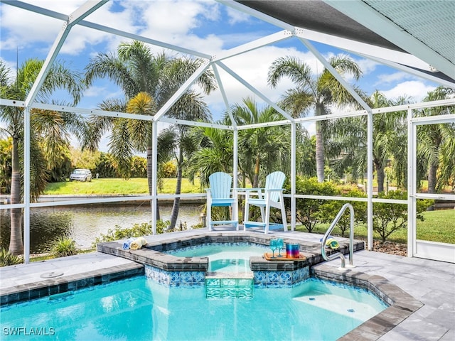 view of swimming pool with a water view, glass enclosure, an in ground hot tub, and a patio area