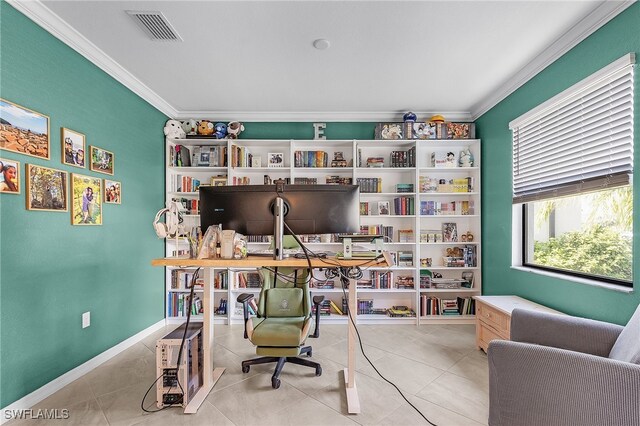 tiled office with crown molding