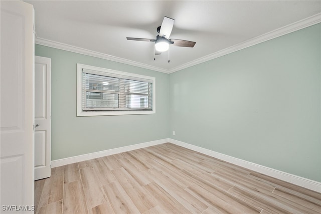 unfurnished room with ornamental molding, light wood-type flooring, and ceiling fan