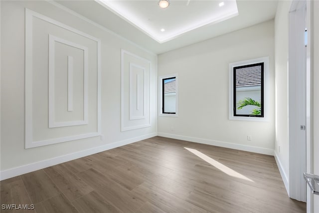 empty room with a tray ceiling and light wood-type flooring