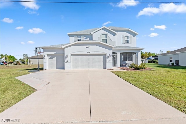 view of front of property featuring a garage and a front lawn