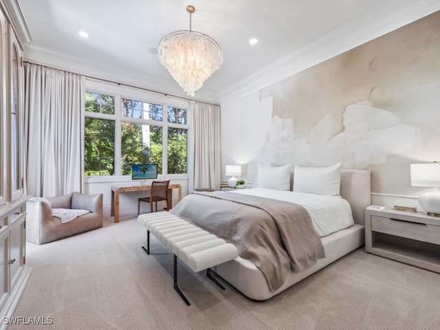 carpeted bedroom with crown molding and an inviting chandelier