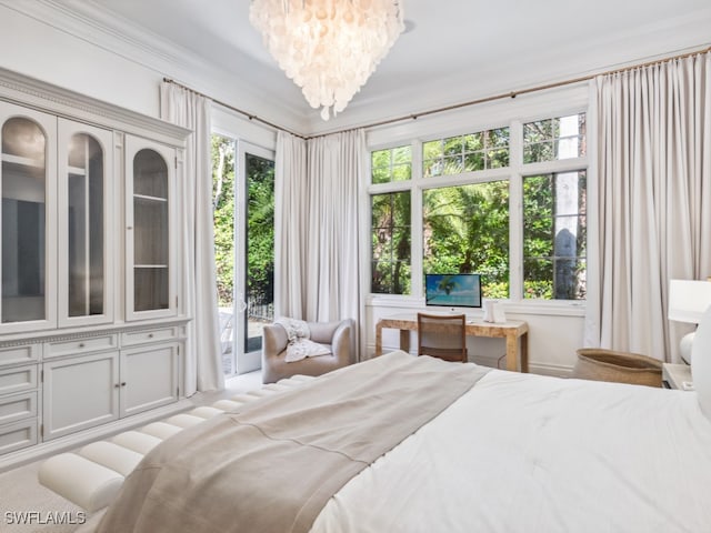 bedroom featuring crown molding, a notable chandelier, light carpet, and access to outside