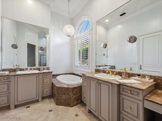 bathroom with vanity, tile patterned floors, ornamental molding, and tiled tub