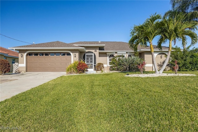 view of front of property with a garage and a front yard