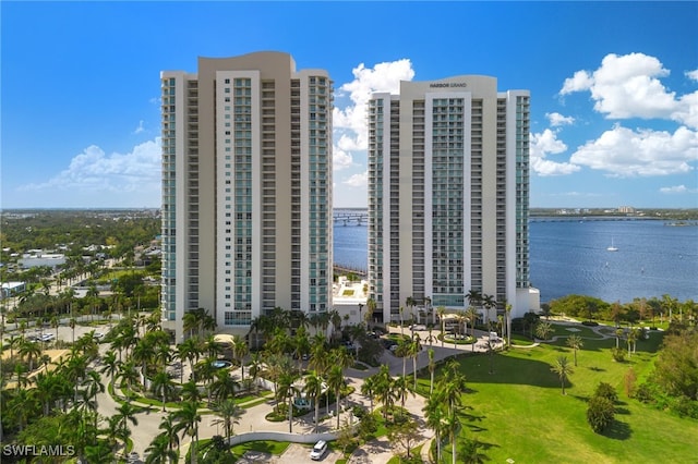 view of building exterior with a water view