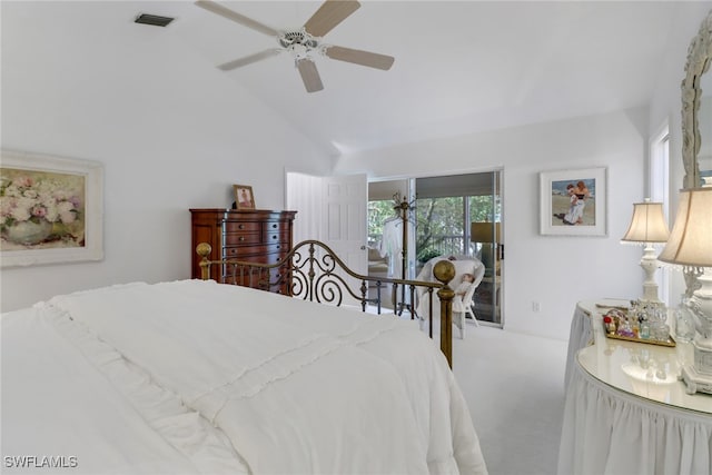 carpeted bedroom with ceiling fan, high vaulted ceiling, and access to exterior