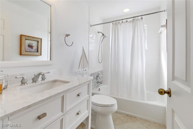 full bathroom featuring vanity, shower / bath combination with curtain, toilet, and tile patterned flooring