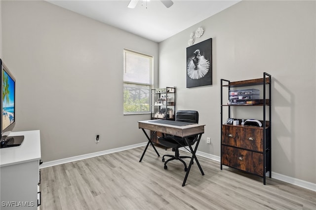 office space with light hardwood / wood-style flooring and ceiling fan