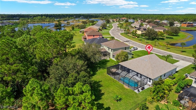 drone / aerial view with a water view