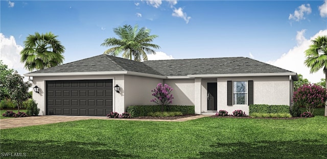 ranch-style house featuring a front yard and a garage