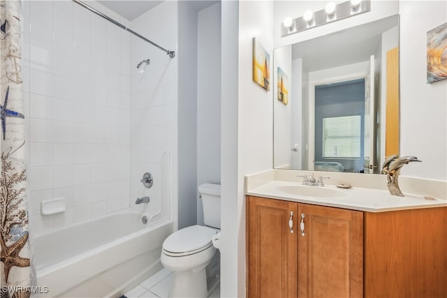 full bathroom with vanity, toilet, shower / bath combo with shower curtain, and tile patterned flooring