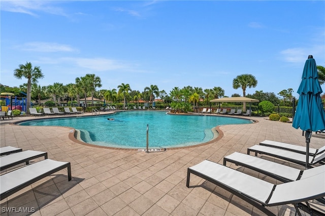 view of pool featuring a patio