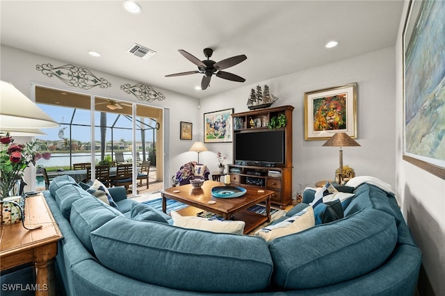 living room with ceiling fan