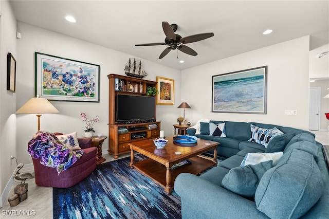 living room featuring ceiling fan