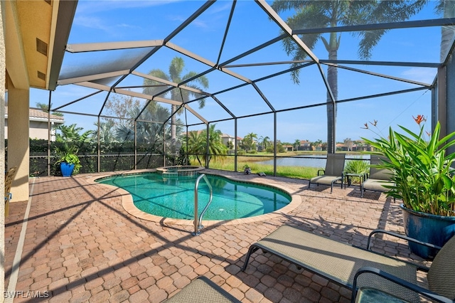 view of swimming pool with a water view, a patio, and glass enclosure