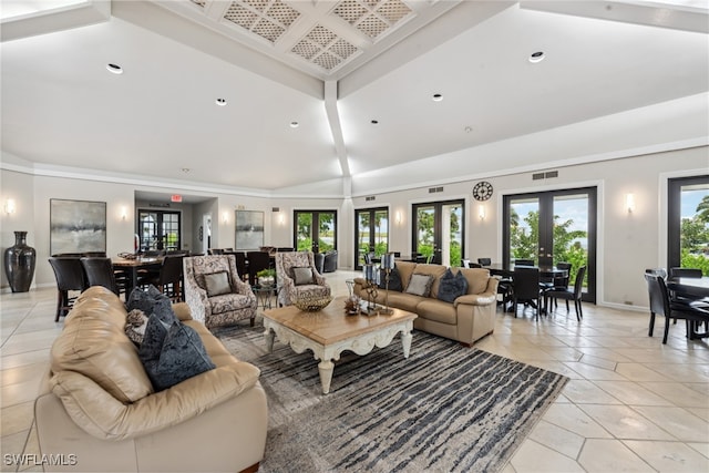 living room featuring french doors and light tile patterned flooring