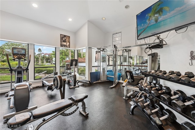 gym with high vaulted ceiling