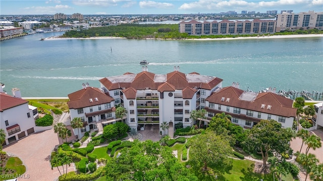 drone / aerial view featuring a water view