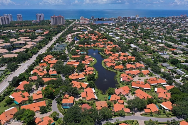 drone / aerial view featuring a water view