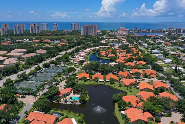 aerial view featuring a water view