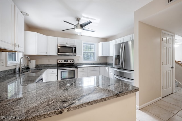 kitchen featuring stainless steel appliances, kitchen peninsula, sink, white cabinetry, and light tile patterned flooring