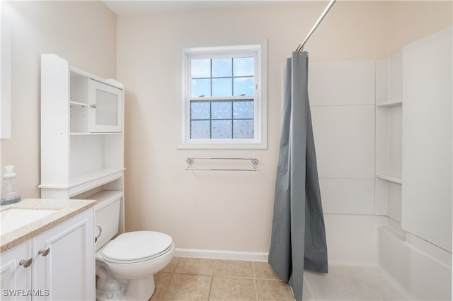 bathroom featuring a shower with curtain, toilet, tile patterned floors, and vanity