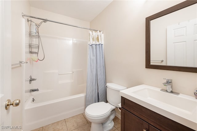 full bathroom with toilet, vanity, tile patterned floors, and shower / tub combo with curtain