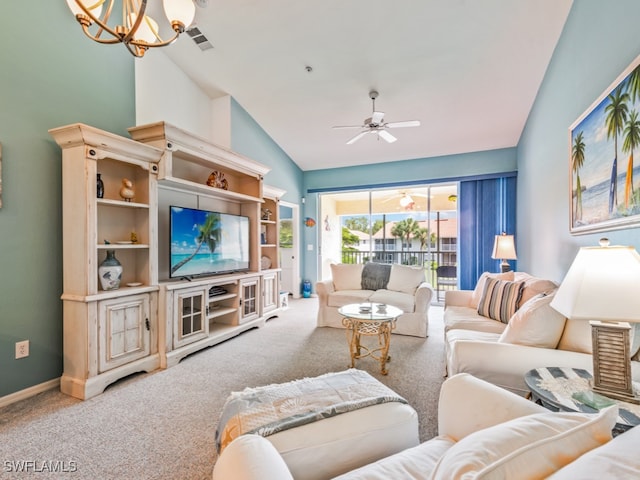 living room featuring carpet, ceiling fan with notable chandelier, and high vaulted ceiling