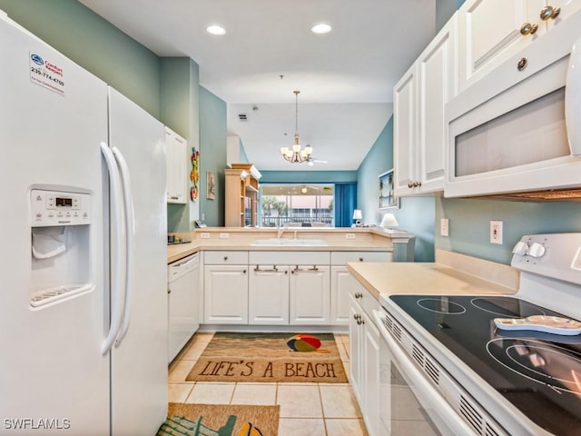 kitchen with sink, kitchen peninsula, pendant lighting, white appliances, and white cabinets