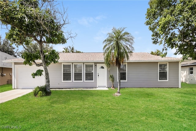 ranch-style house with a garage and a front lawn