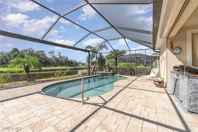 view of pool featuring a water view, a patio, and glass enclosure