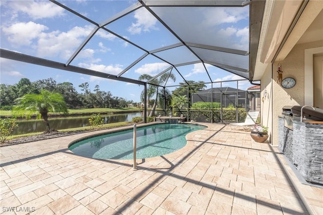 outdoor pool featuring a patio, a lanai, and a water view
