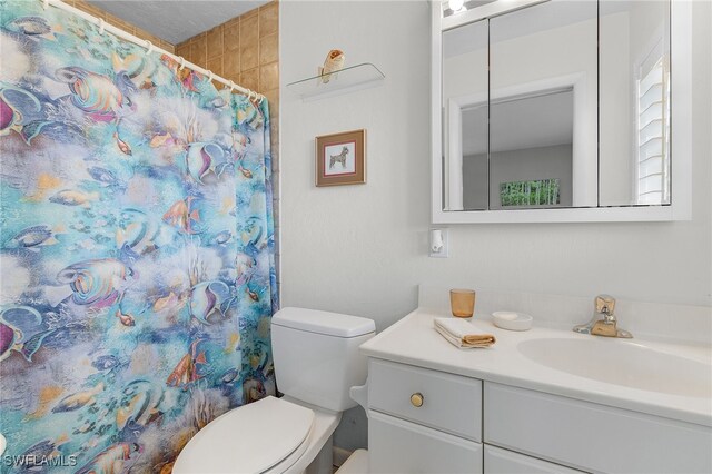 bathroom featuring vanity, toilet, and a shower with curtain