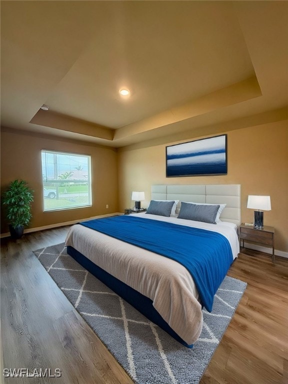 bedroom featuring a raised ceiling and wood-type flooring