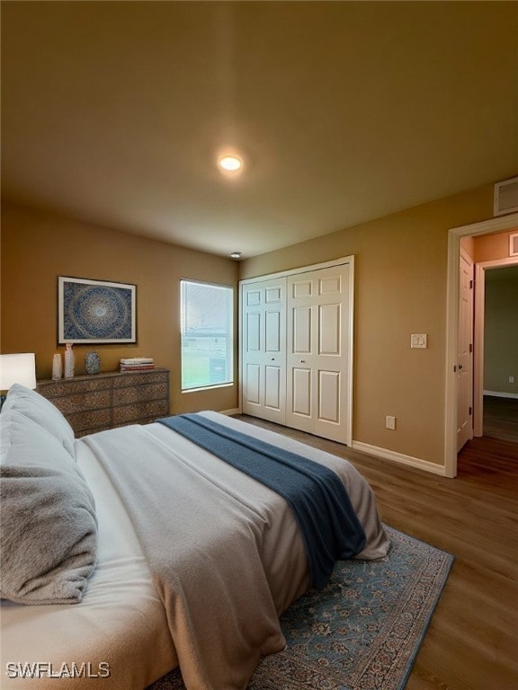 bedroom featuring wood-type flooring and a closet