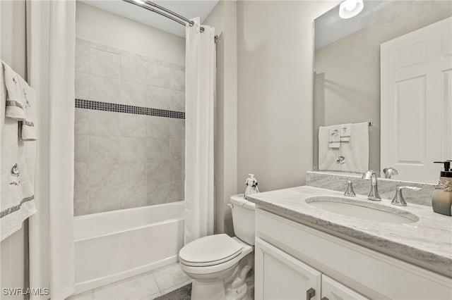 full bathroom featuring vanity, shower / bath combination with curtain, toilet, and tile patterned floors