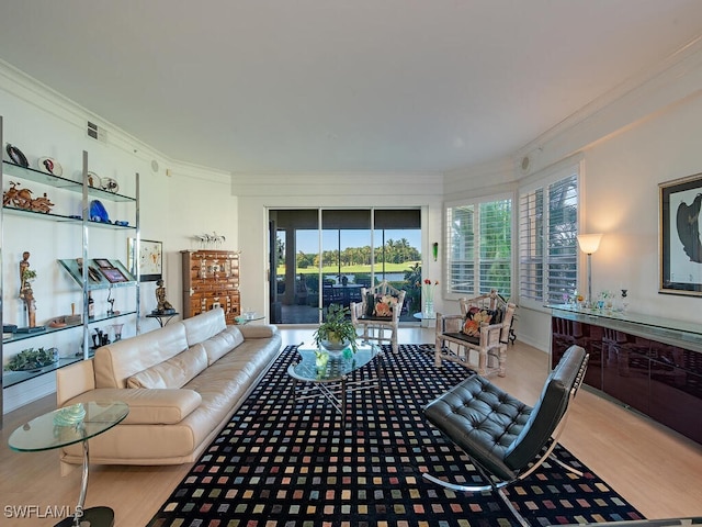 living room featuring hardwood / wood-style floors and crown molding