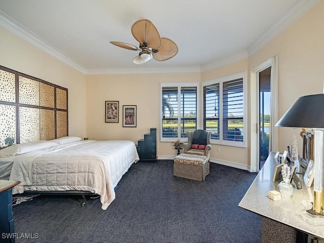 bedroom featuring ornamental molding, dark colored carpet, and ceiling fan