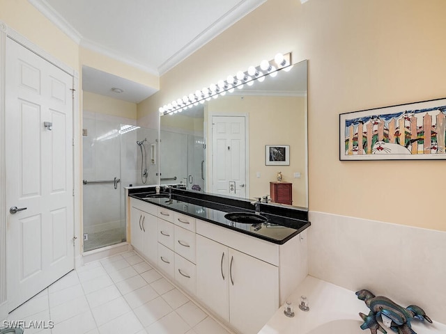 bathroom with vanity, crown molding, tile patterned floors, and separate shower and tub