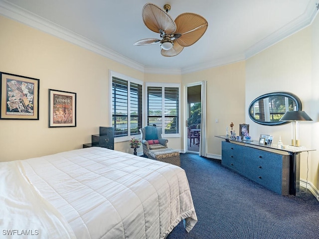 carpeted bedroom featuring crown molding, access to exterior, and ceiling fan