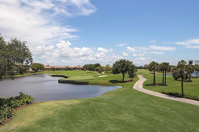 view of property's community with a water view and a lawn